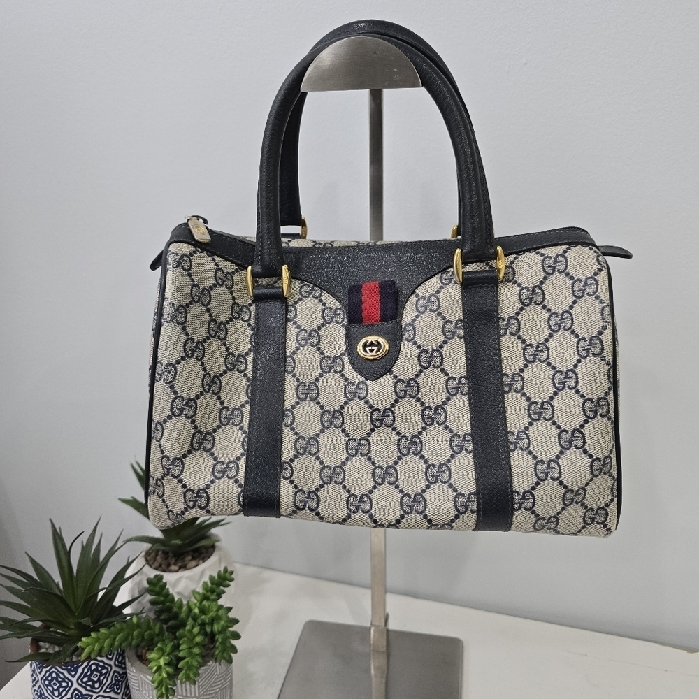 GUCCI - Vintage GG Sherry Line Boston Bag in Rare Navy Blue, PVC & Leather​​​​